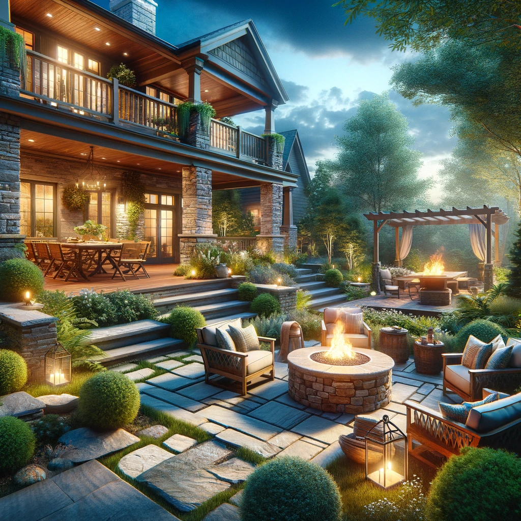 Animated image of a cozy outdoor living space with a stone patio, fire pit, surrounded by lush landscaping. Subtle animations include flickering firelight, gently swaying plants, and soft outdoor lighting, creating a warm and inviting ambiance