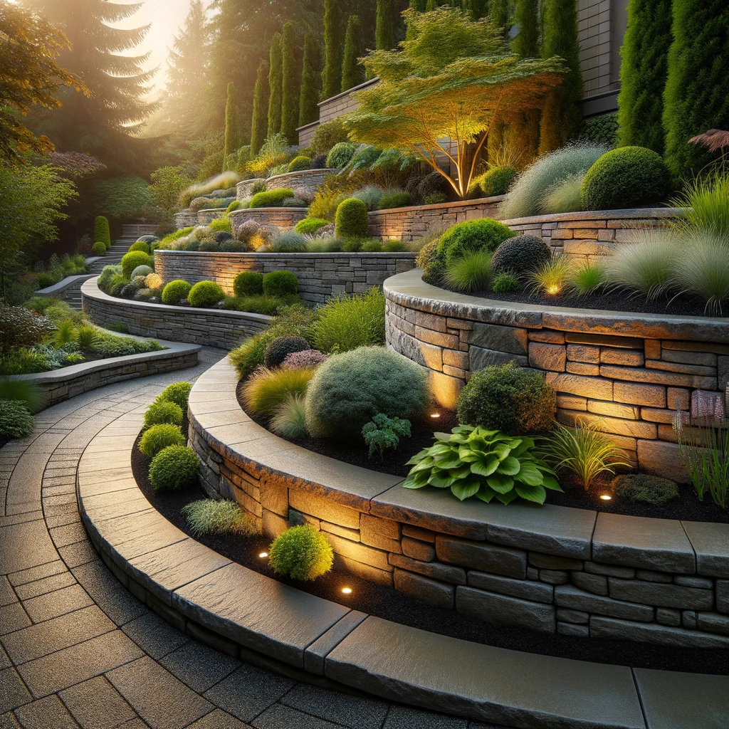 Curved natural stone retaining wall in a lush garden at dusk, highlighted by soft, warm lighting, showcasing the wall's texture and the vibrant greenery adorning it, captured with a 60mm lens effect.