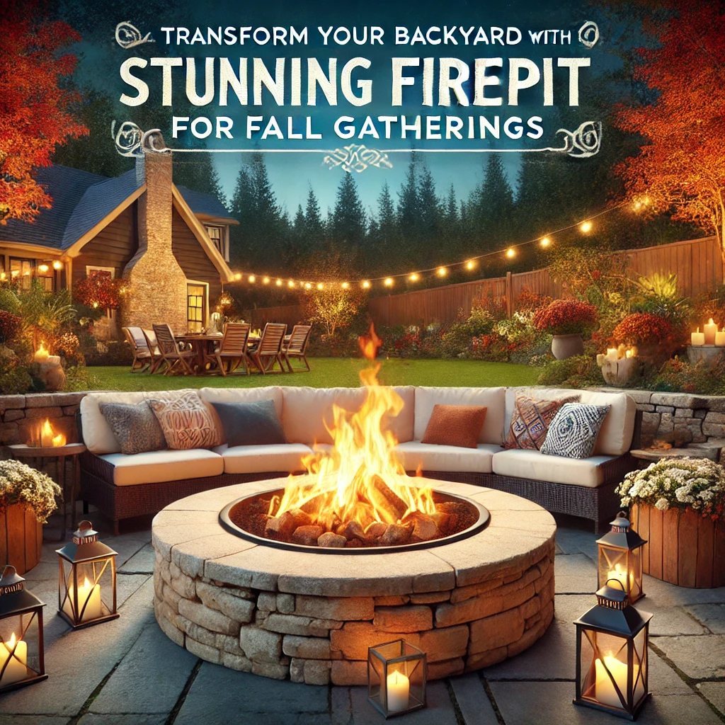 Cozy backyard scene with a beautifully designed stone firepit surrounded by comfortable seating, flickering flames, colorful fall foliage, and warm lighting. Banner text reads 'Transform Your Backyard with a Stunning Firepit for Fall Gatherings