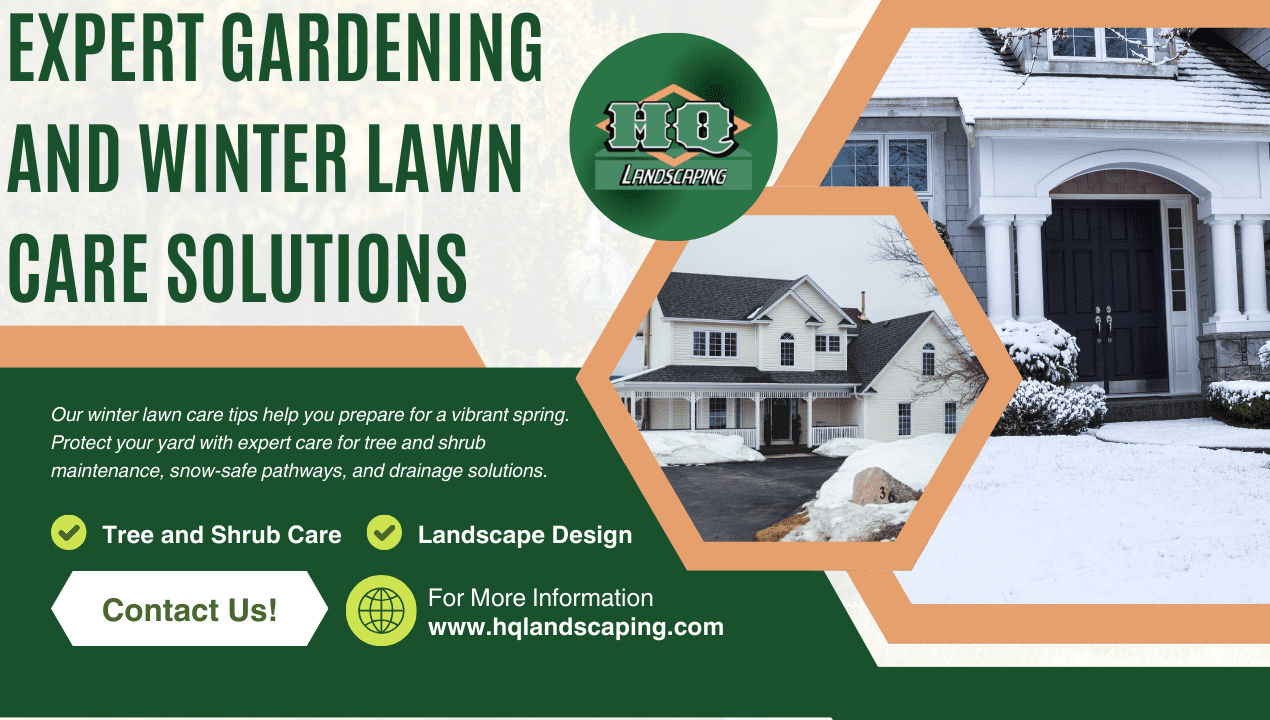 Winter landscaping services banner showing a snow-covered home, promoting tree care, landscape design, and winter lawn maintenance.